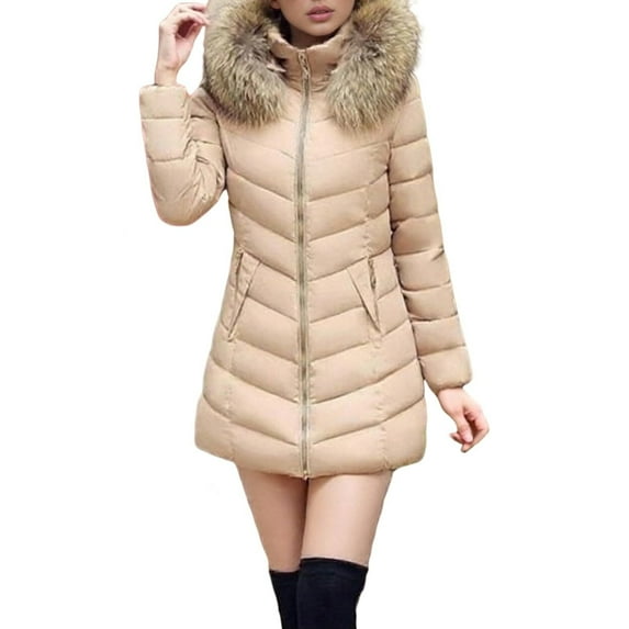 hoksml Women's Plus Size Longline Down Coat with Fur Hood Winter Warm Parka Jacket with Pockets Solid Color Thermal Outerwear