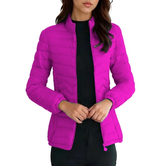 hoksml Women's Plus Size Short Puffer Jacket Stand Collar Lightweight Down Coat Figure-Flattering Zip Front Jacket with Pockets