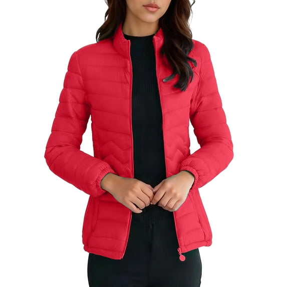 hoksml Women's Plus Size Short Puffer Jacket Stand Collar Lightweight Down Coat Figure-Flattering Zip Front Jacket with Pockets