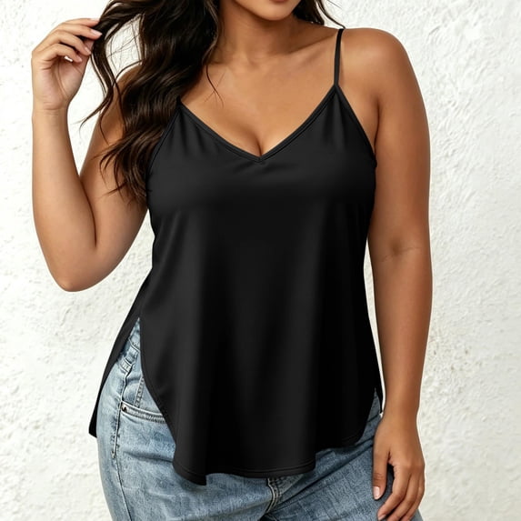 hoksml Women's Plus Size V-Neck Cami Top, Adjustable Spaghetti Strap Tank Top with Side Slits L-5XL