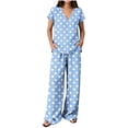 thumbnail image 1 of hoksml Women's Polka Dot 2 Piece Outfit, V Neck Cap Sleeve Top and Elastic Waist Wide Leg Pants Casual Lounge Set, 1 of 6