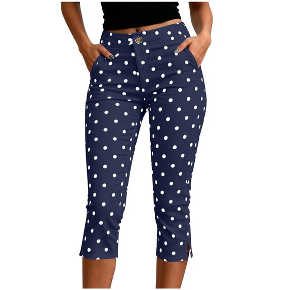 hoksml Women's Polka Dot Capri Pants High Waist Button Fly Slit Hem Slim Fit Casual Everyday Trousers