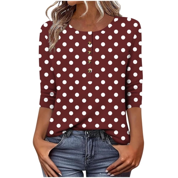 hoksml Women's Polka Dot Henley Top 3/4 Sleeve Casual Blouse Button Front Loose Fit Tunic