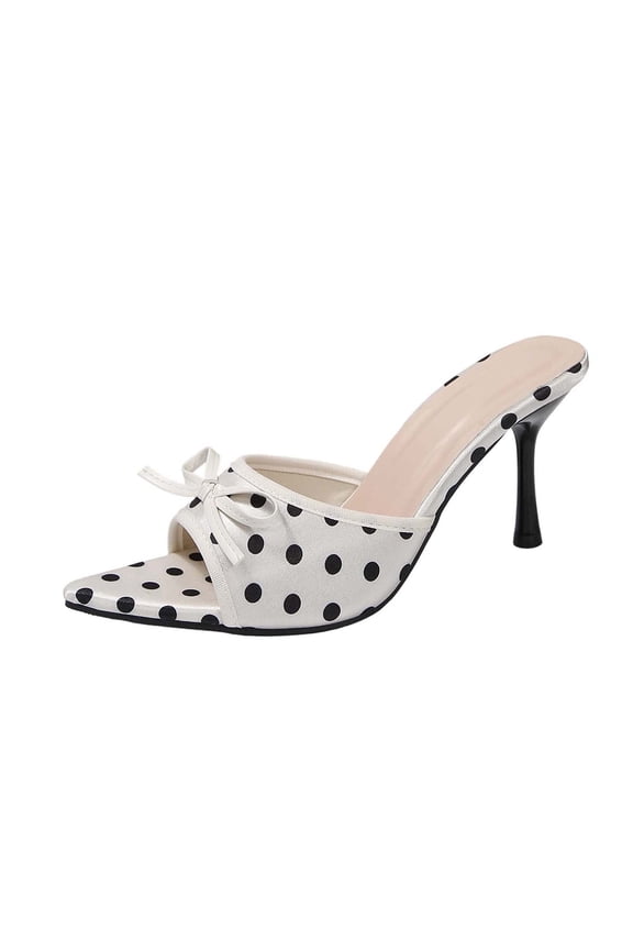 Women's Polka Dot Mule Heels, Open Toe Bow Slip On Stiletto High Heel Sandals Party Evening Slide Mules