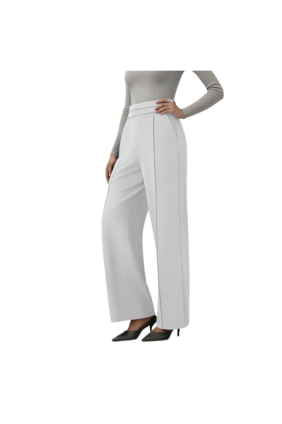 Women's Pull On High Waist Dress Pants, Solid Pleated Wide Leg Offitce Casual Trousers, with Pockets
