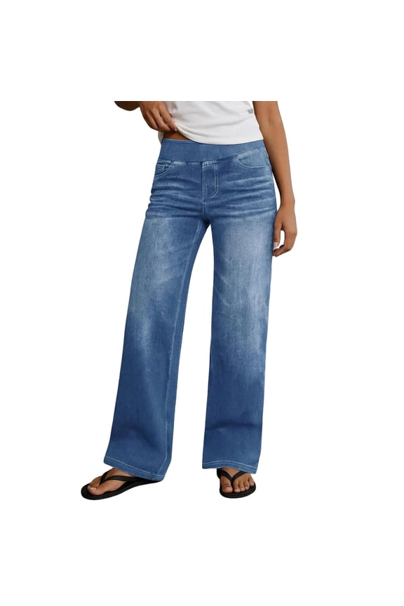 Women's Pull-On High Waist Wide Leg Jeans, Elastic Waist Casual Stretchy Denim Pants, with Pockets, Relaxed Fit