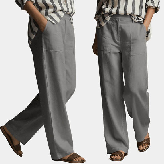 hoksml Women's Pull On Linen Wide Leg Pants, High Waist Casual Trousers with Pockets for Summer