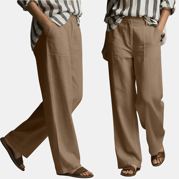 hoksml Women's Pull On Linen Wide Leg Pants, High Waist Casual Trousers with Pockets for Summer