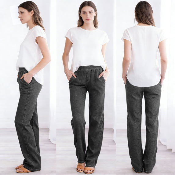 hoksml Women's Pull-On Straight Leg Jeans - Stretchy Faux Denim, High-Waisted Elastic Waist, Side Pockets, Relaxed Fit