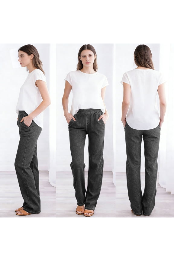 Women's Pull-On Straight Leg Jeans - Stretchy Faux Denim, High-Waisted Elastic Waist, Side Pockets, Relaxed Fit
