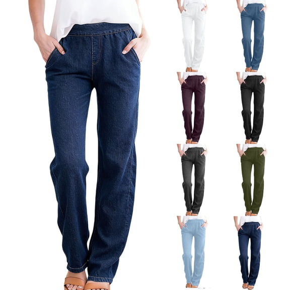 hoksml Women's Pull-On Straight Leg Jeans - Stretchy Faux Denim, High-Waisted Elastic Waist, Side Pockets, Relaxed Fit