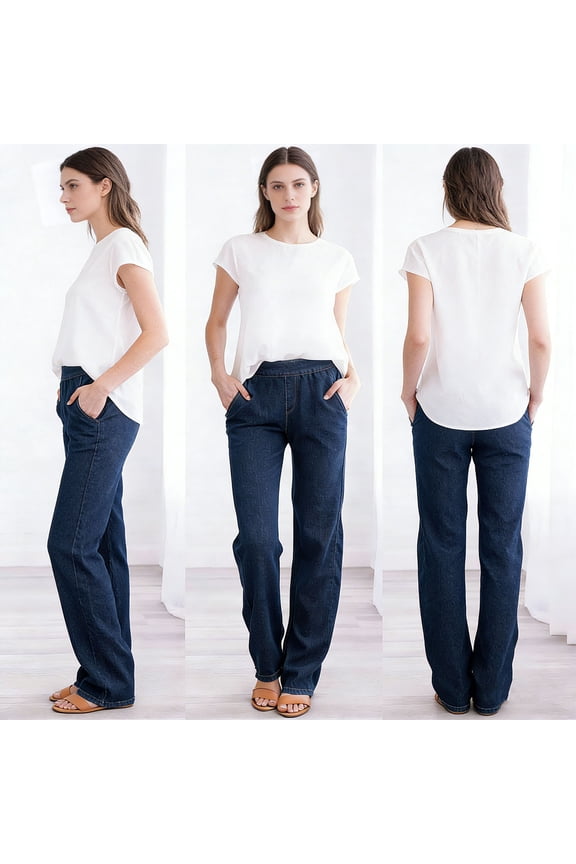 Women's Pull-On Straight Leg Jeans - Stretchy Faux Denim, High-Waisted Elastic Waist, Side Pockets, Relaxed Fit
