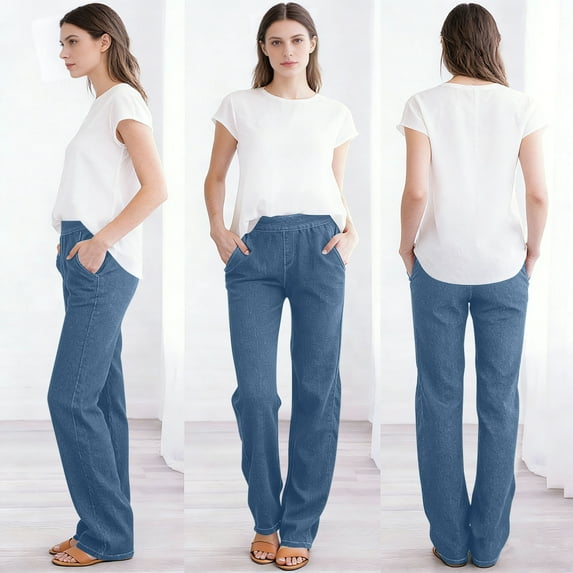 hoksml Women's Pull-On Straight Leg Jeans - Stretchy Faux Denim, High-Waisted Elastic Waist, Side Pockets, Relaxed Fit