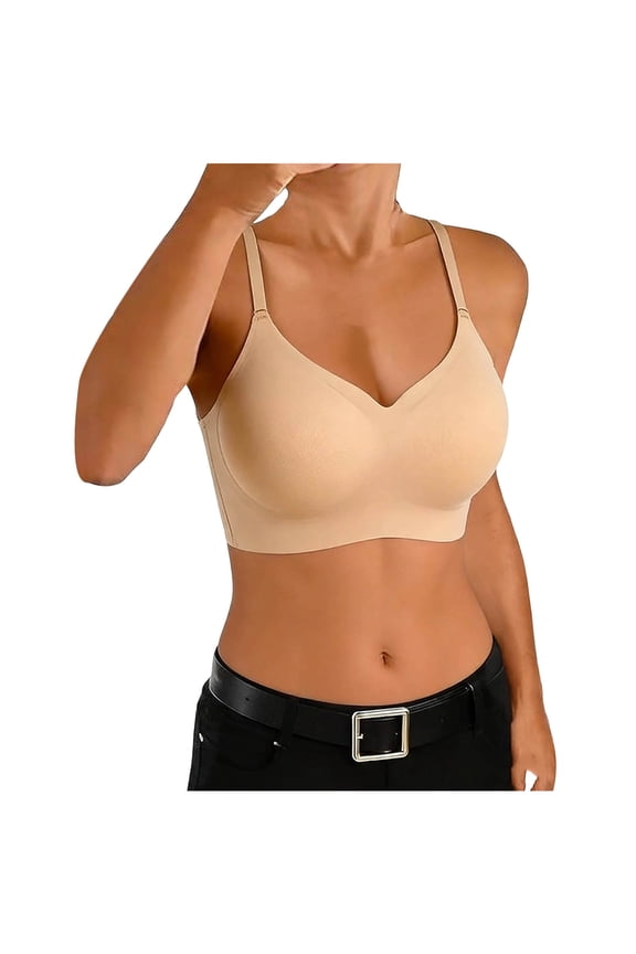 Women's Pull On Wireless Bra, Seamless Light Support Comfort Bralette with Adjustable Thin Straps and Plunge V-Neck