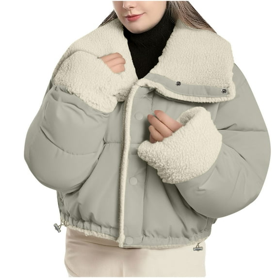 hoksml Women's Reversible Short Puffer Jacket, Sherpa Lined Puffer Coat Solid Color 2-Side Wear Lapel Collar Winter Coat with Pockets