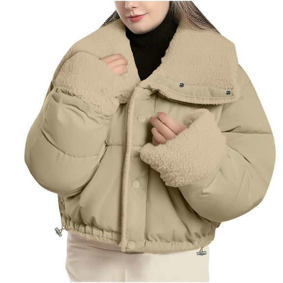 hoksml Women's Reversible Short Puffer Jacket, Sherpa Lined Puffer Coat Solid Color 2-Side Wear Lapel Collar Winter Coat with Pockets