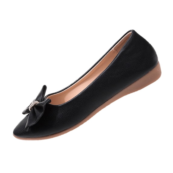 hoksml Women's Rhinestone Bow Ballet Flats, Round Toe Soft Leather Slip On Casual Walking Flat Shoes