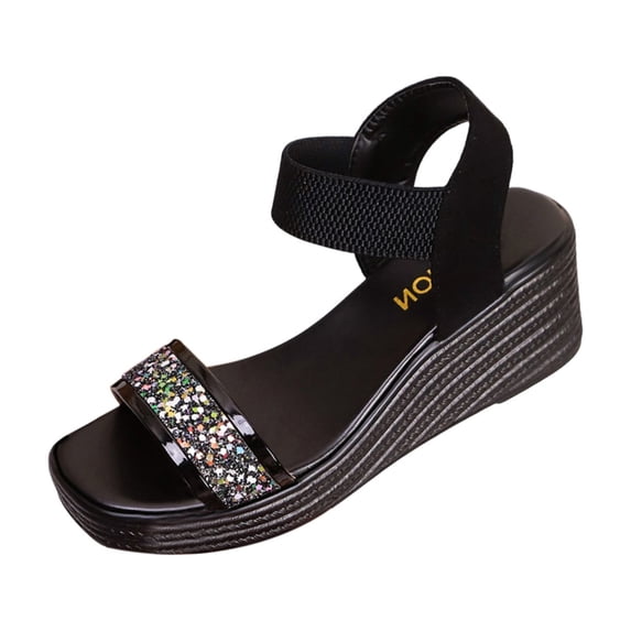 hoksml Women's Rhinestone Wedge Sandals Open Toe Elastic Ankle Strap Summer Casual Dressy Shoes