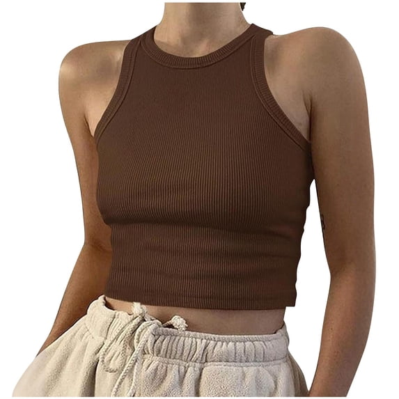 hoksml Women's Ribbed Crop Tank Top Round Neck Sleeveless Fitted Casual Top with Wide Straps