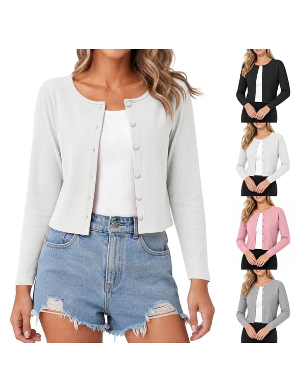 Women's Ribbed Cropped Cardigan, Round Neck Button Front Long Sleeve Shrug, Lightweight Layering Top Solid Colors