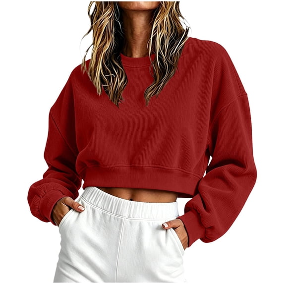 hoksml Women's Ribbed Cropped Crew Neck Sweatshirt, Drop Shoulder Balloon Sleeve Pullover with Elastic Hem and Cozy Loose Fit