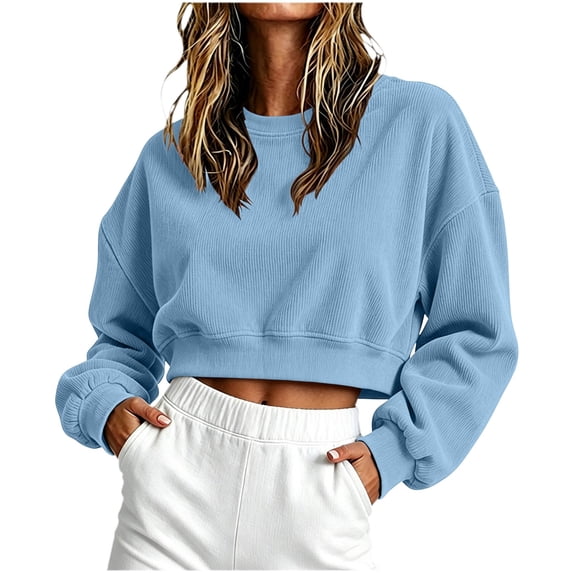 hoksml Women's Ribbed Cropped Crew Neck Sweatshirt, Drop Shoulder Balloon Sleeve Pullover with Elastic Hem and Cozy Loose Fit