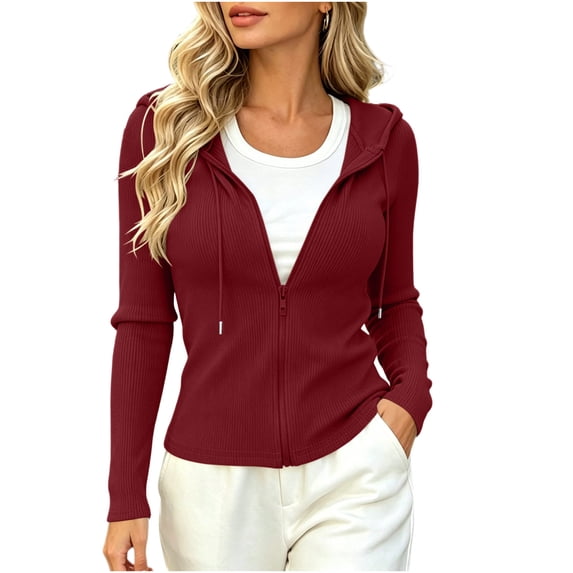 hoksml Women's Ribbed Full Zip Cropped Hoodie, Drawstring Hooded Long Sleeve Jacket, Casual Knit Outerwear Solid Color