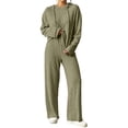 thumbnail image 1 of hoksml Women's Ribbed Knit Hooded Tracksuit 2 Piece Outfit, V Neck Long Sleeve Top and Wide Leg Pants Casual Loungewear Set, 1 of 8