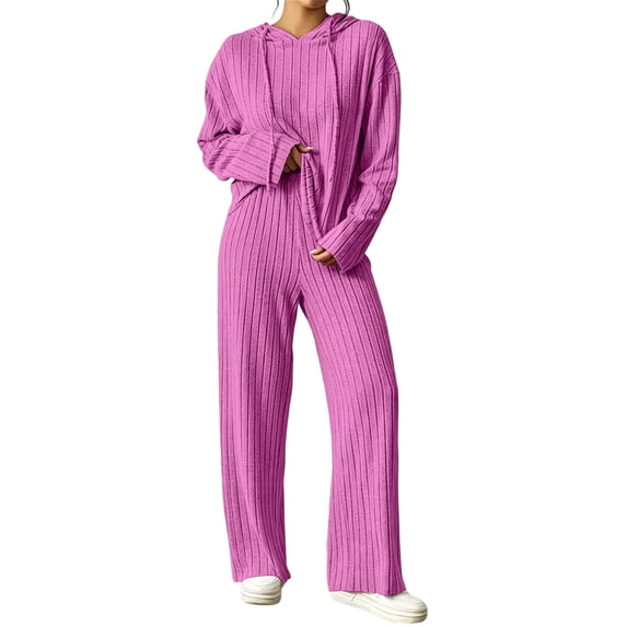 hoksml Women's Ribbed Knit Hooded Tracksuit 2 Piece Outfit, V Neck Long Sleeve Top and Wide Leg Pants Casual Loungewear Set