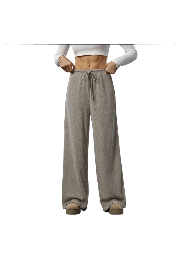 Women's Ribbed Knit Wide Leg Pants, Pull-On Lounge Trousers with Drawstring Waist and Side Pockets