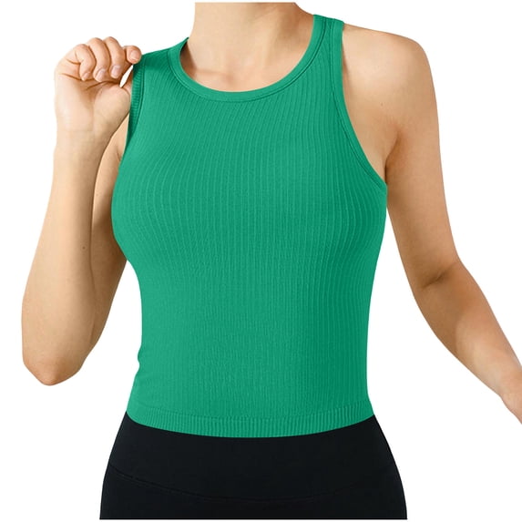 hoksml Women's Ribbed Racerback Crop Tank Top Crew Neck Sleeveless Athletic Top with Built in Bra for Workout