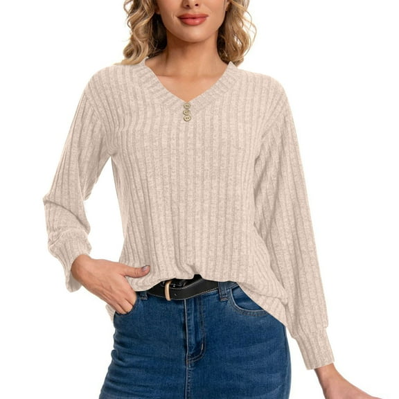 hoksml Women's Ribbed V-Neck Button Decorative Pullover Sweater Solid Color Long Sleeve Soft Knit Sweater Casual Textured Rib Knit Top
