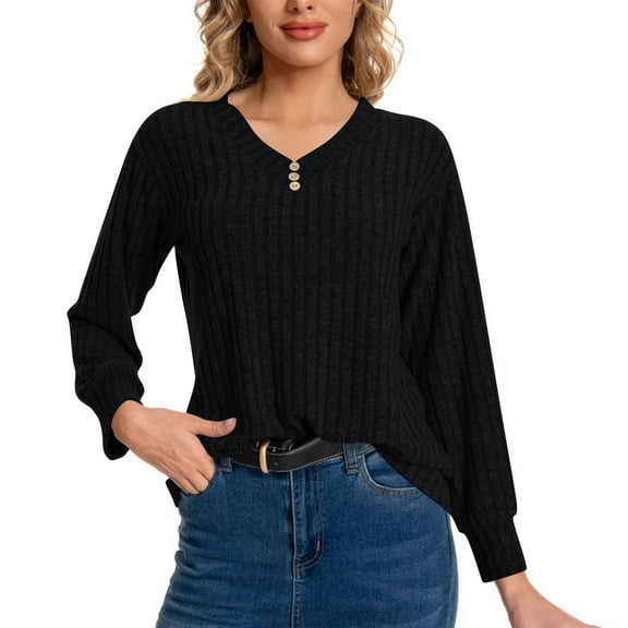 hoksml Women's Ribbed V-Neck Button Decorative Pullover Sweater Solid Color Long Sleeve Soft Knit Sweater Casual Textured Rib Knit Top