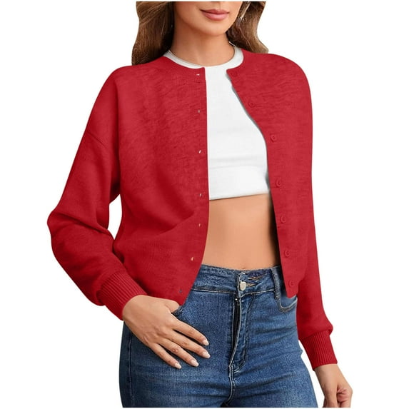hoksml Women's Round Neck Knit Sweater Button Cardigan Short Solid Color Long Sleeve Casual Open Front Cropped Knitted Top