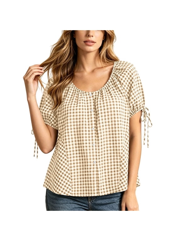 Women's Round Neck Short Sleeve Gingham Blouse with Drawstring Cuffs, Loose Fit Casual Summer Daily Wear Shirt
