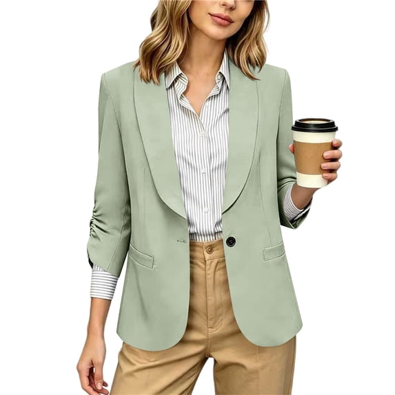hoksml Women's Ruched 3/4 Sleeve Blazer, Shawl Lapel One-Button Open Front Jacket, Casual Work Office Blazer