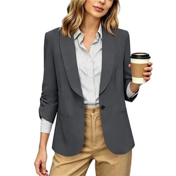 hoksml Women's Ruched 3/4 Sleeve Blazer, Shawl Lapel One-Button Open Front Jacket, Casual Work Office Blazer