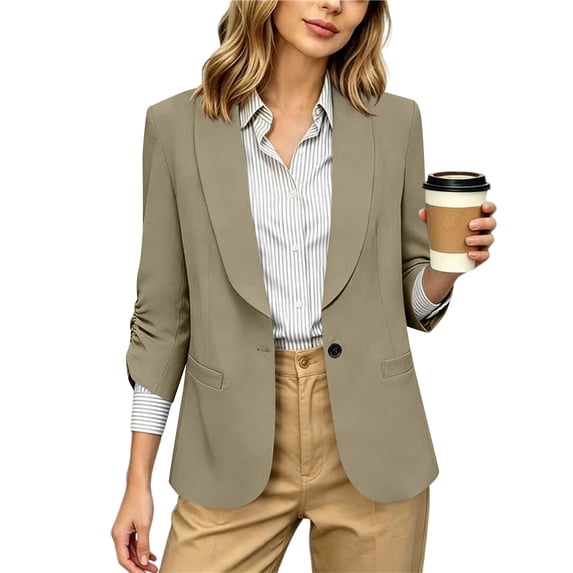 hoksml Women's Ruched 3/4 Sleeve Blazer, Shawl Lapel One-Button Open Front Jacket, Casual Work Office Blazer