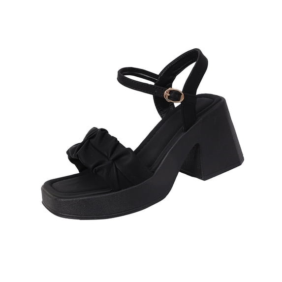 hoksml Women's Ruched Bow Platform Block Heel Sandals Peep Toe Ankle Strap 3.34 Inch Heel Summer Dressy Shoes