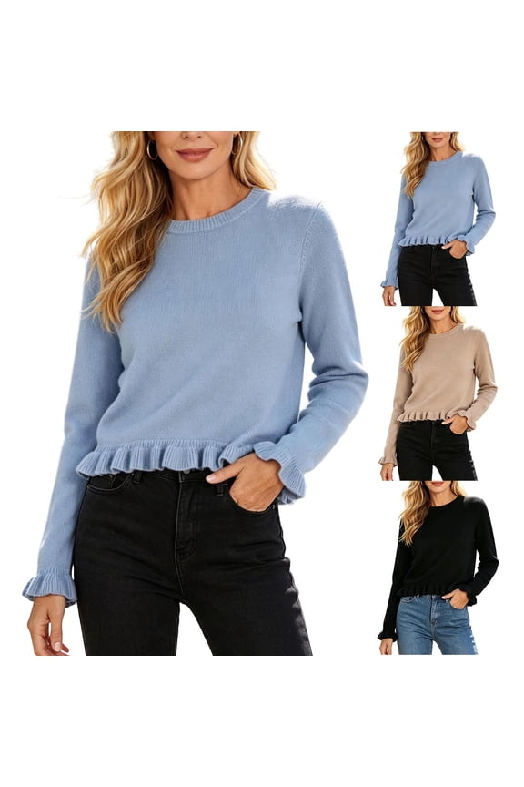 Women's Ruffle Hem Crew Neck Cropped Sweater, Long Sleeve Flounce Cuff Soft Knit Pullover, Solid Colors