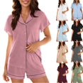 thumbnail image 1 of hoksml Women's Ruffle Trim Button-Down Pajama Set, Notch Collar Short Sleeve Top and Elastic Waist Shorts Sleepwear, 1 of 9