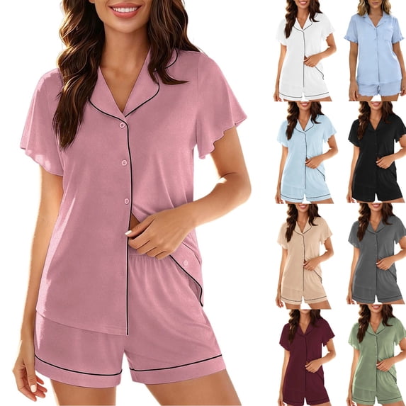 hoksml Women's Ruffle Trim Button-Down Pajama Set, Notch Collar Short Sleeve Top and Elastic Waist Shorts Sleepwear