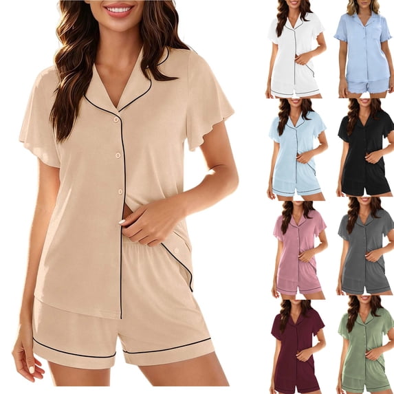 hoksml Women's Ruffle Trim Button-Down Pajama Set, Notch Collar Short Sleeve Top and Elastic Waist Shorts Sleepwear