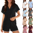 thumbnail image 1 of hoksml Women's Ruffle Trim Button-Down Pajama Set, Notch Collar Short Sleeve Top and Elastic Waist Shorts Sleepwear, 1 of 9