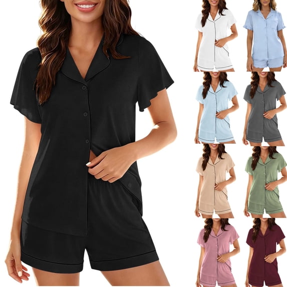 hoksml Women's Ruffle Trim Button-Down Pajama Set, Notch Collar Short Sleeve Top and Elastic Waist Shorts Sleepwear