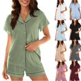 thumbnail image 1 of hoksml Women's Ruffle Trim Button-Down Pajama Set, Notch Collar Short Sleeve Top and Elastic Waist Shorts Sleepwear, 1 of 9