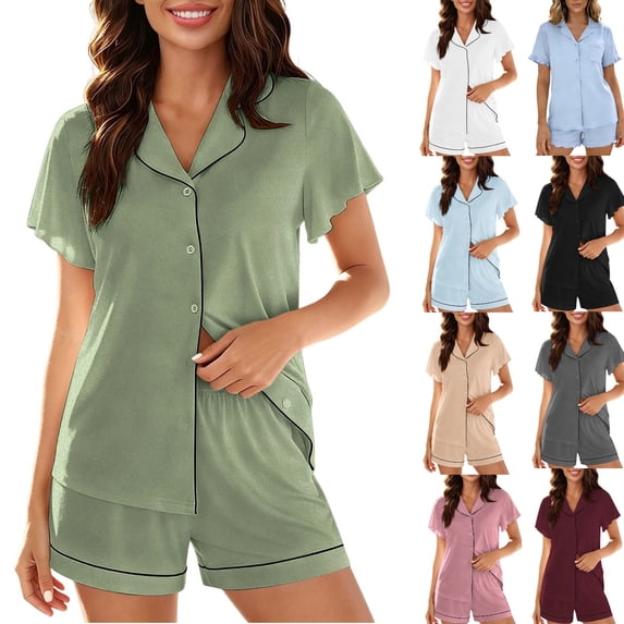 hoksml Women's Ruffle Trim Button-Down Pajama Set, Notch Collar Short Sleeve Top and Elastic Waist Shorts Sleepwear