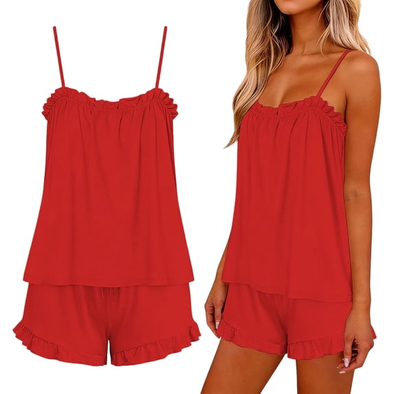 hoksml Women's Ruffle Trim Cami Top and Drawstring Shorts Pajama Set, 2 Piece Loungewear