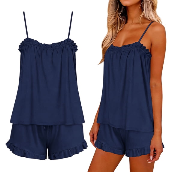 hoksml Women's Ruffle Trim Cami Top and Drawstring Shorts Pajama Set, 2 Piece Loungewear