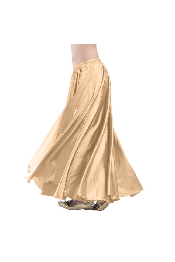 Women's Satin Full Circle Maxi Skirt, Elastic Waist Flowy Dance Skirt for Belly Dance and Performance